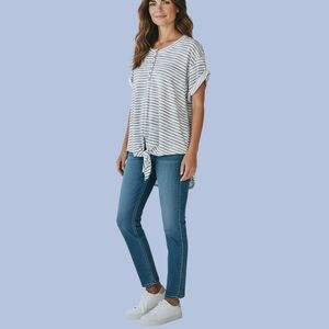 Farmers Market Blue Stripe Tie Front Short Sleeve Henley Top Women’s L (12/14)